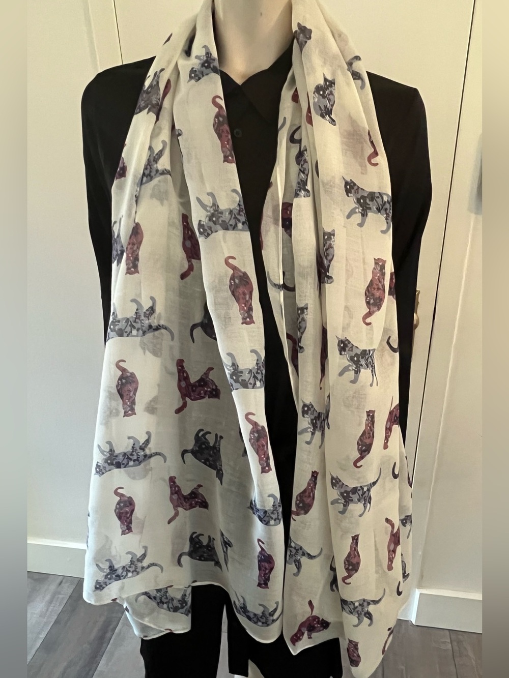 M&Co Lightweight Scarf in Cream with Pink & Purple Cats